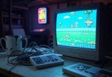Video Games Retro Gaming Blurry basement desk with CRT, NES, mug, arcade sign glow