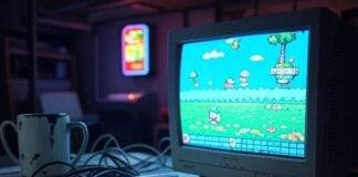 Video Games Retro Gaming Blurry basement desk with CRT, NES, mug, arcade sign glow