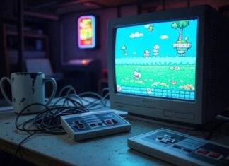 Video Games Retro Gaming Blurry basement desk with CRT, NES, mug, arcade sign glow