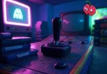 Retro Arcade Game Console Games List Retro arcade setup with joystick, cartridges, CRT TV, and pixelated cherry under neon lights