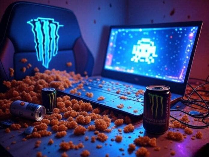 Gaming laptop, Cheetos, Monster can, RGB lights, 8-bit invader on chaotic desk Gaming laptop, Cheetos, Monster can, RGB lights, 8-bit invader on chaotic desk