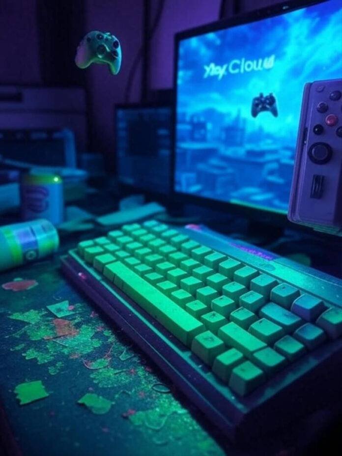 Cluttered desk, Xbox green keys, spilled drink, retro vibe Cluttered desk, Xbox green keys, spilled drink, retro vibe