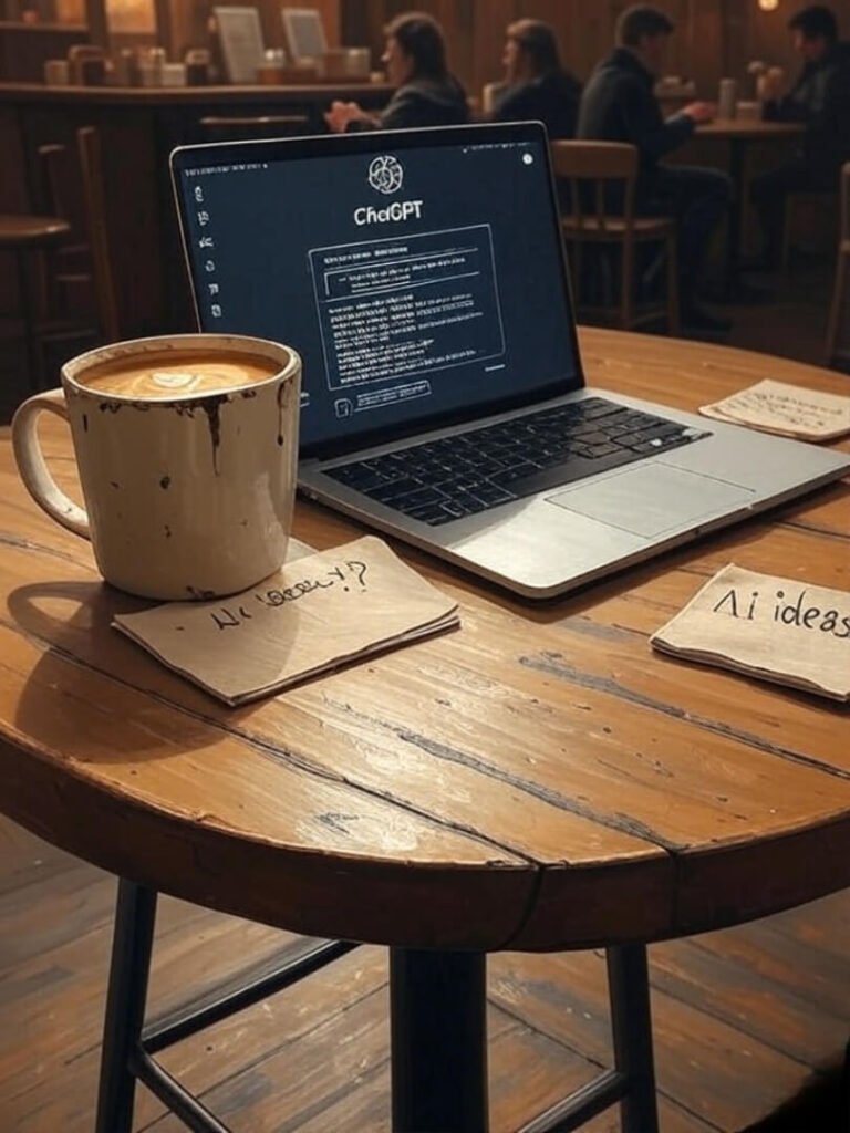 Wobbly table, ChatGPT laptop, sad latte, scribbled napkins