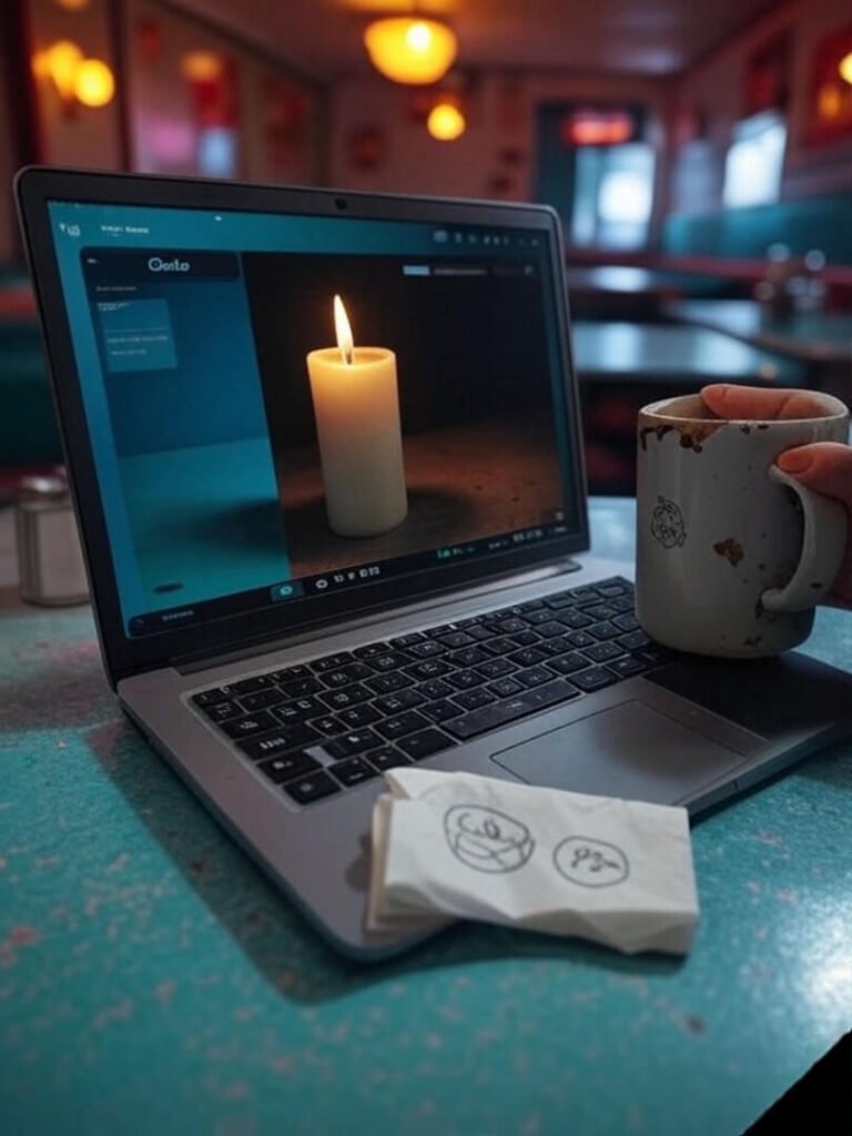 Shaky diner laptop, Canva AI, chipped mug, doodled napkin