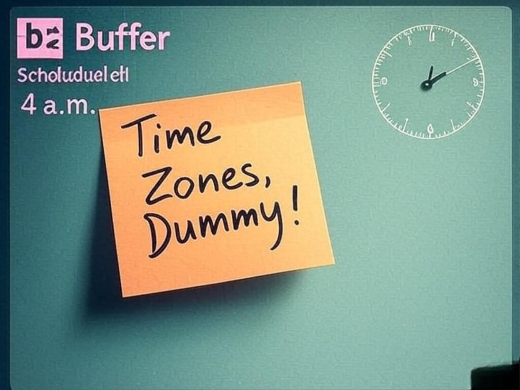 Buffer dashboard, 4 a.m. schedule, "Time Zones, Dummy!" note