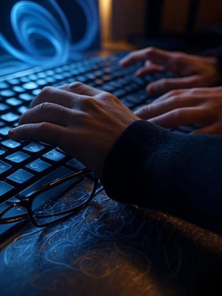 Hands on keyboard, swirls in smudged glasses, tilted