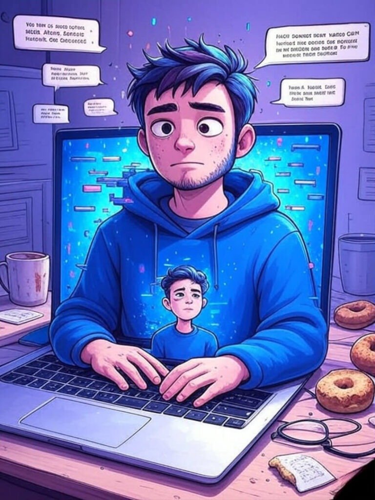 Glitchy AI avatar, coffee stains, bagel mess