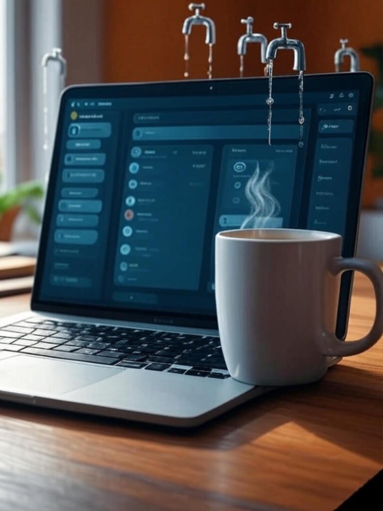 Humorous laptop chat with steaming mug, leaky faucets