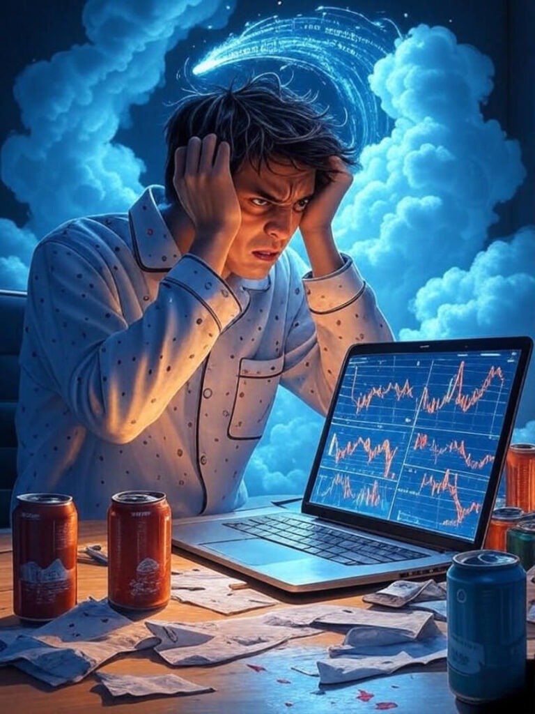 Frustrated pajama guy, messed charts, 2 AM chaos