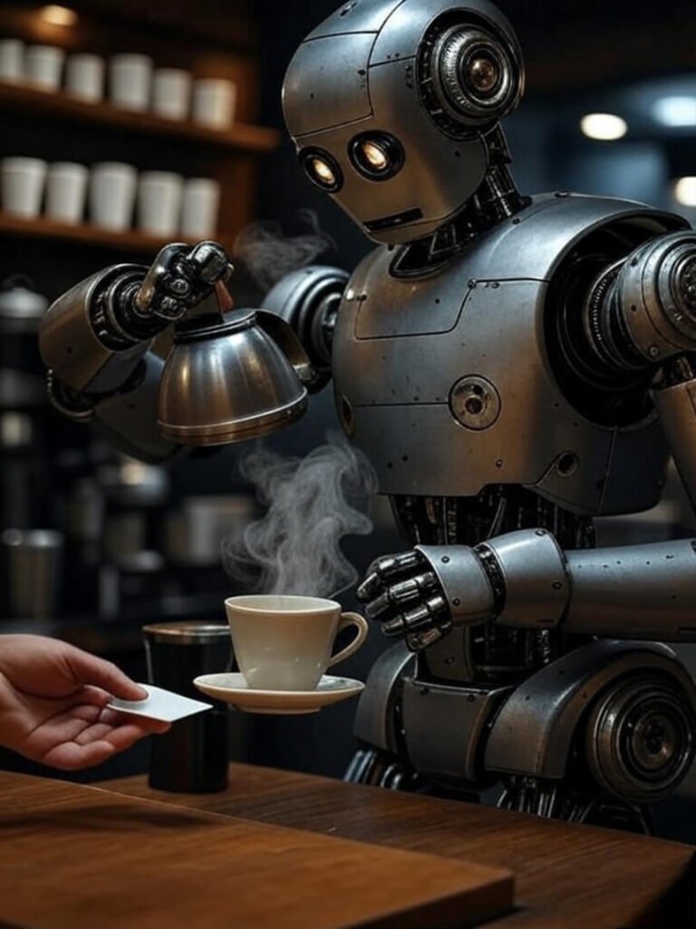 Robot barista pours coffee, hand drops card messily