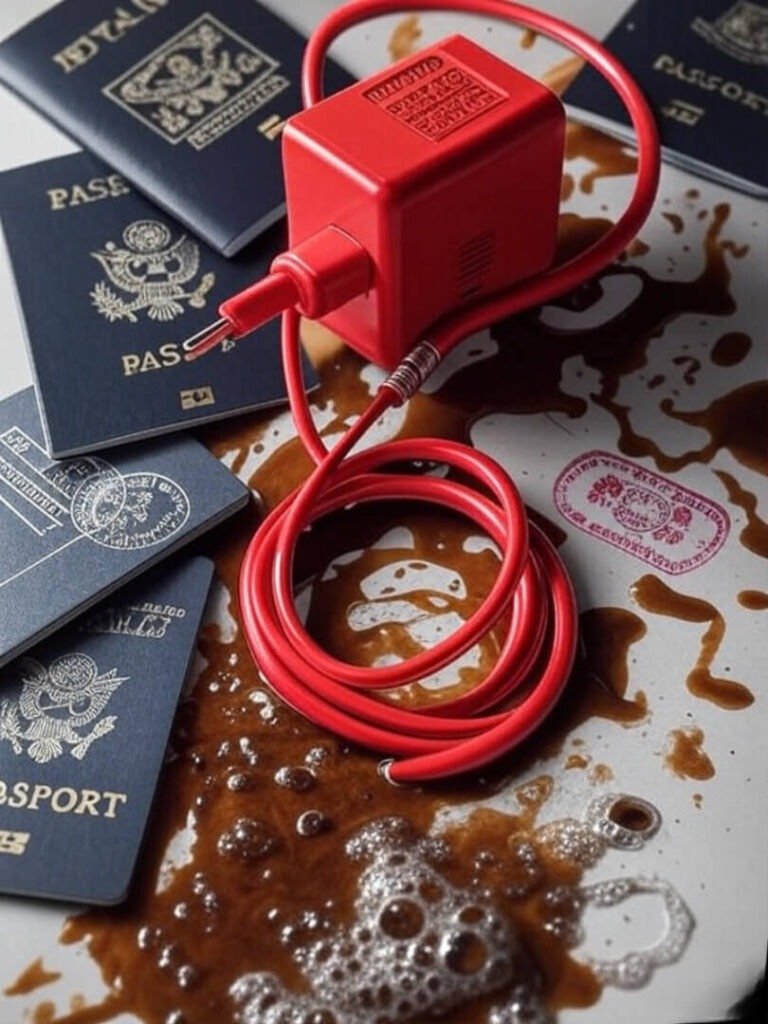Tangled Adapter Amid Coffee and Passports