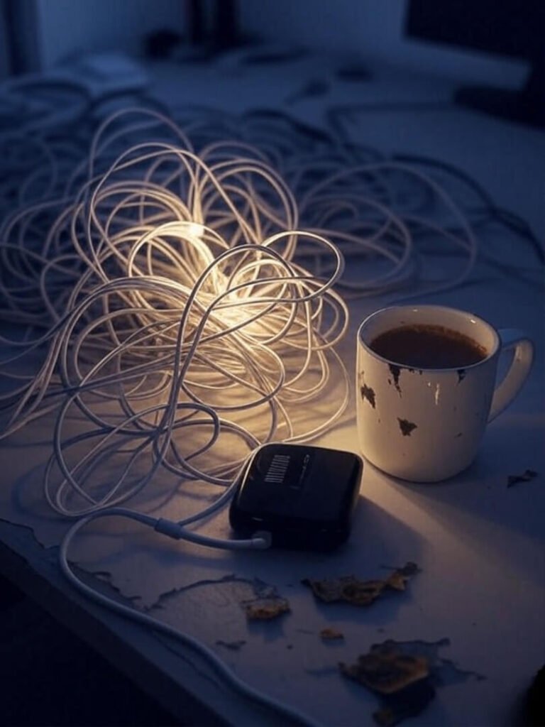 Messy desk, tangled cords heart, glowing gadgets
