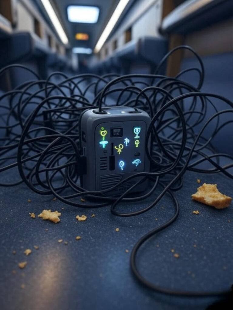 Tangled charger chaos with snack in train blur