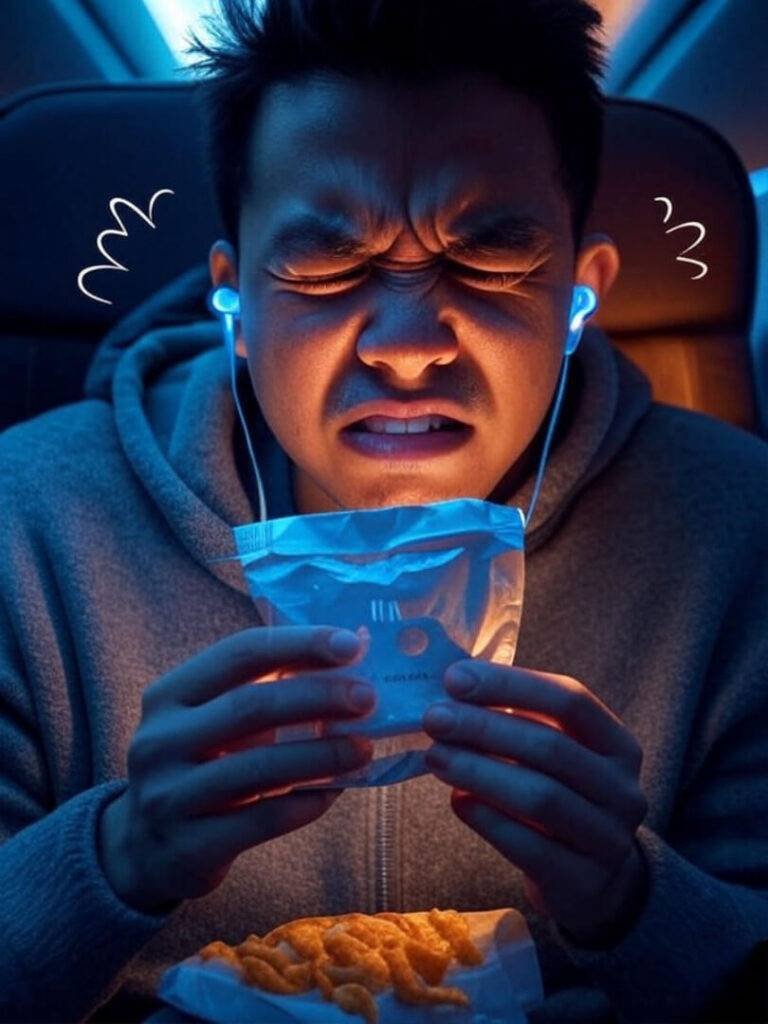 Fumbling earbuds chaos on dim flight seat