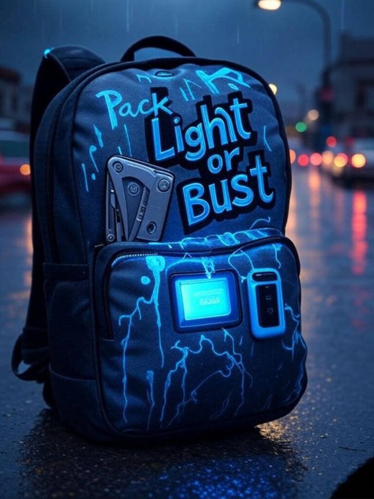 Rainy street backpack with gadgets, 'Pack Light or Bust'