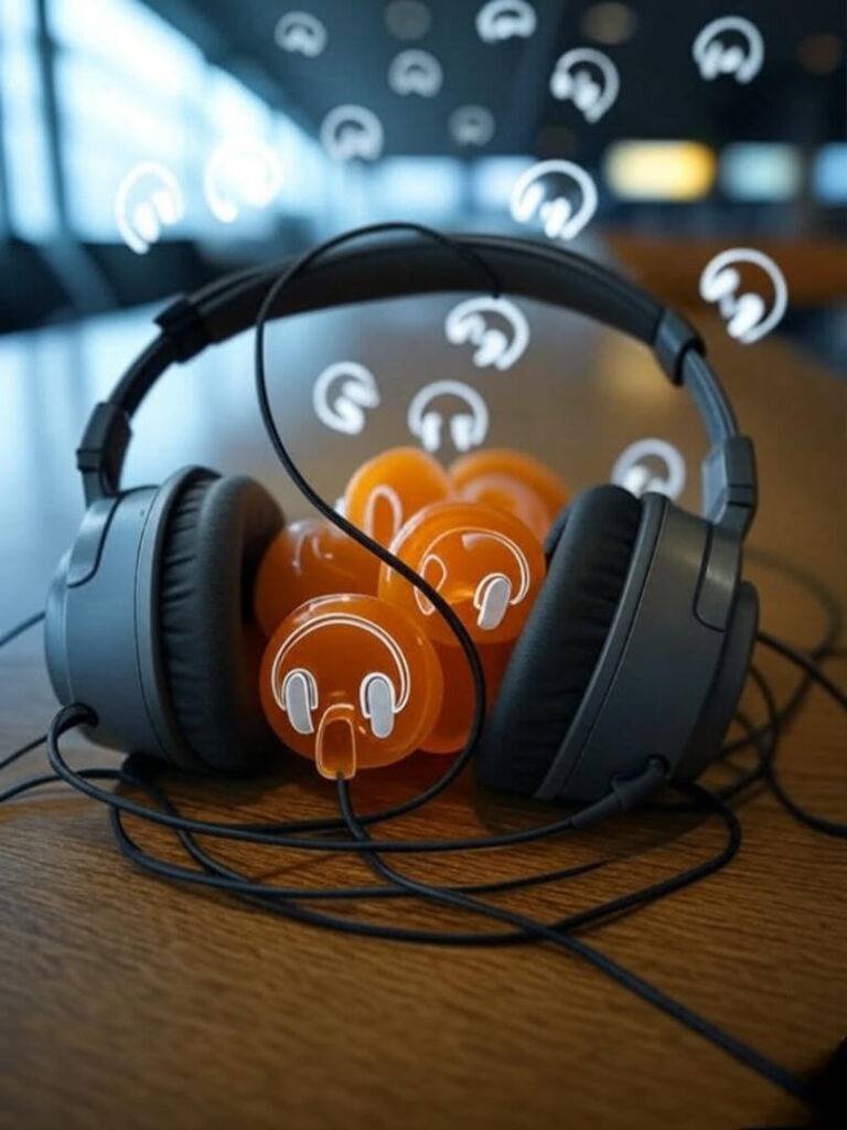 Tangled headphones with sleepy icons in tired haze
