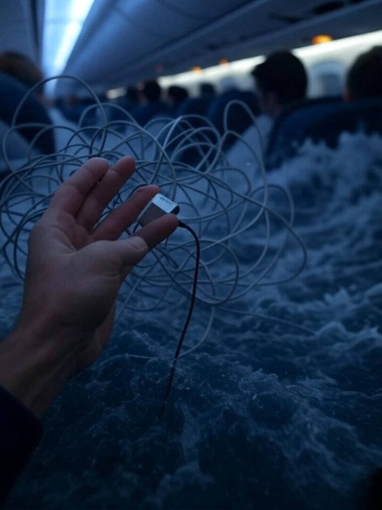 Turbulent flight chaos with tangled charger mishap