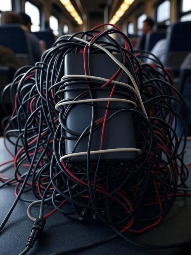 Tangled power bank cords on train, sneaky shot