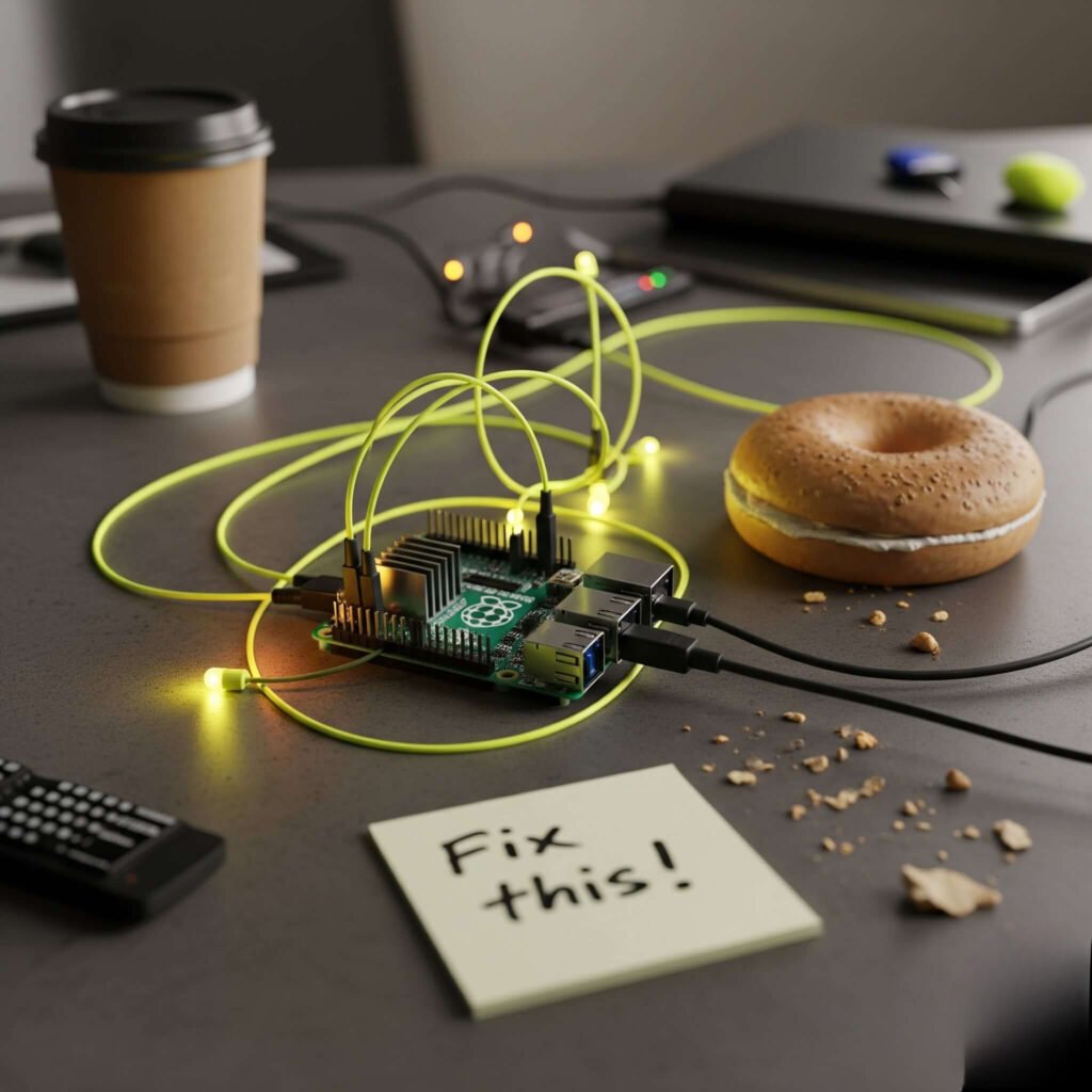 Coffee-stained desk with Raspberry Pi, LEDs, bagel,