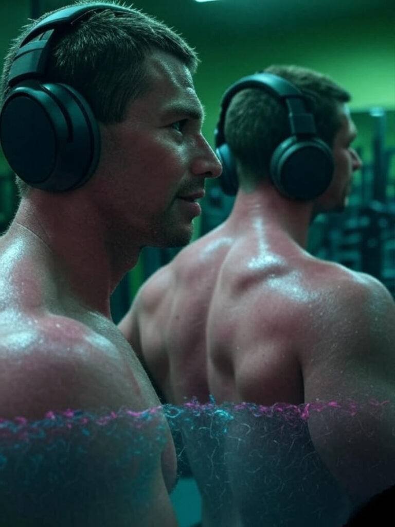 Gym fail with sliding headphones in steamy mirror