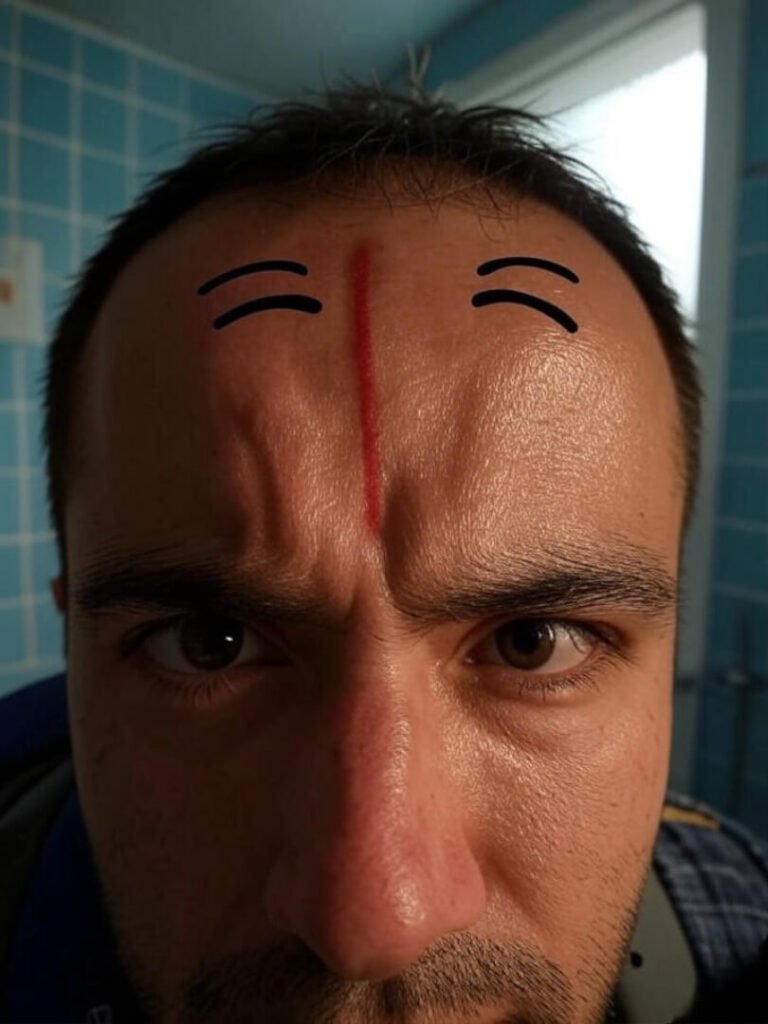 Red strap marks, grumpy frown, steamy bathroom chaos