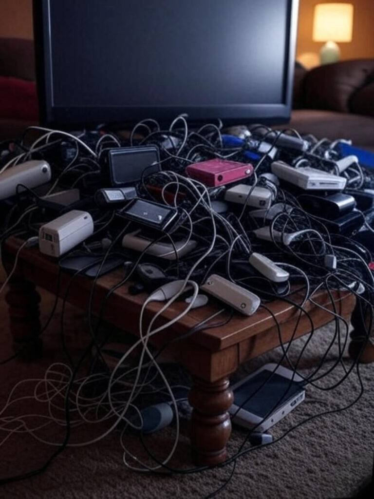 Cluttered pile of broken streaming gadgets under TV
