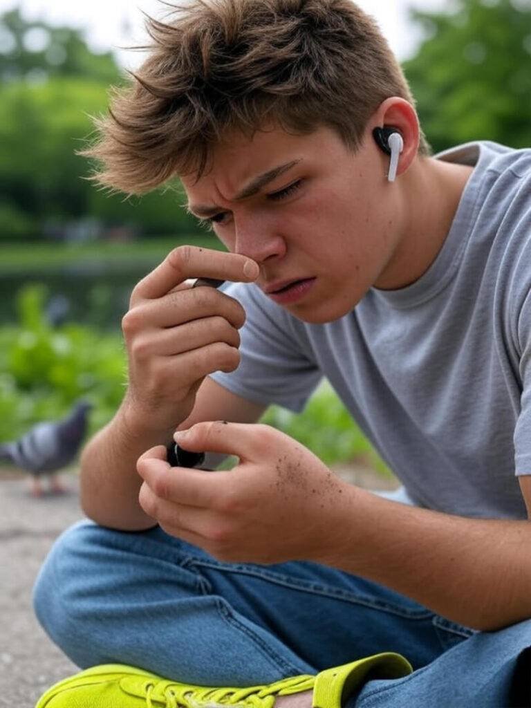 Sweaty jogger checks Bose earbud, pigeon photobombs park