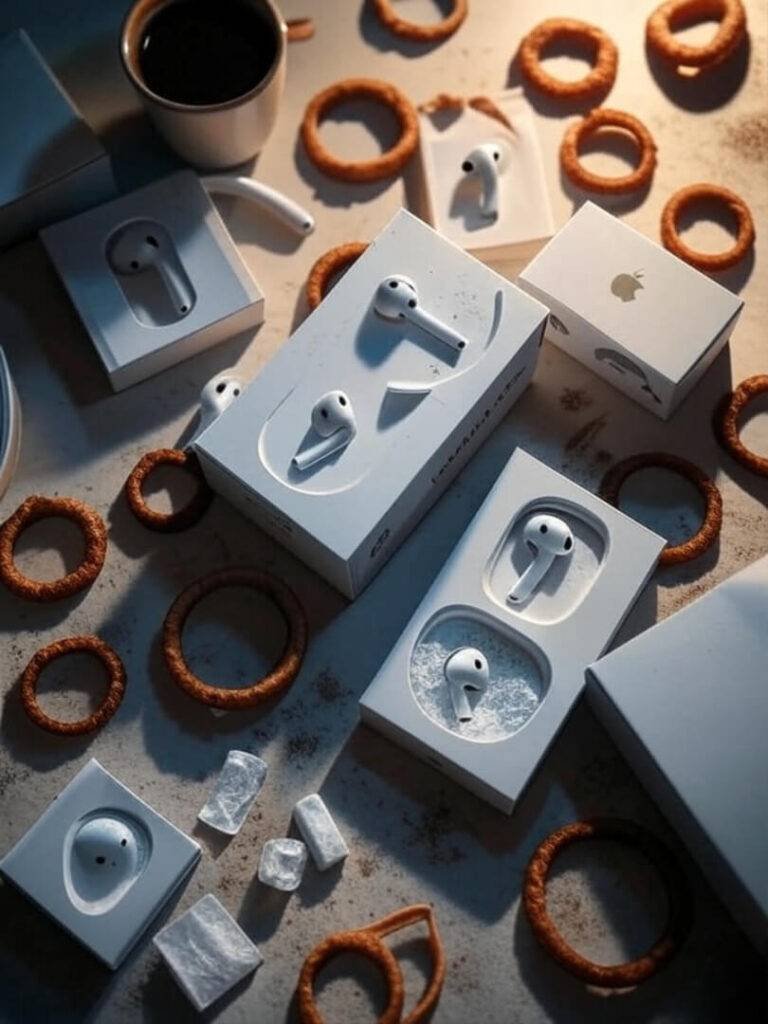 Messy AirPods 4 unboxing with coffee stains, gritty vibe
