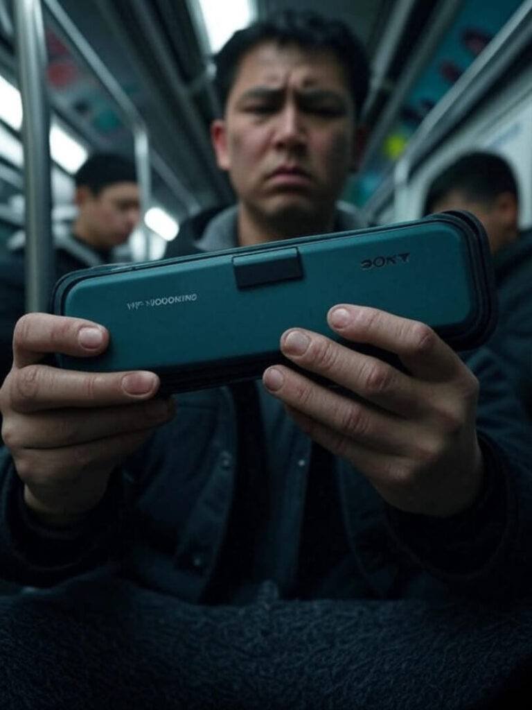 Shaky hands hold Sony WF-1000XM5 case, subway blur