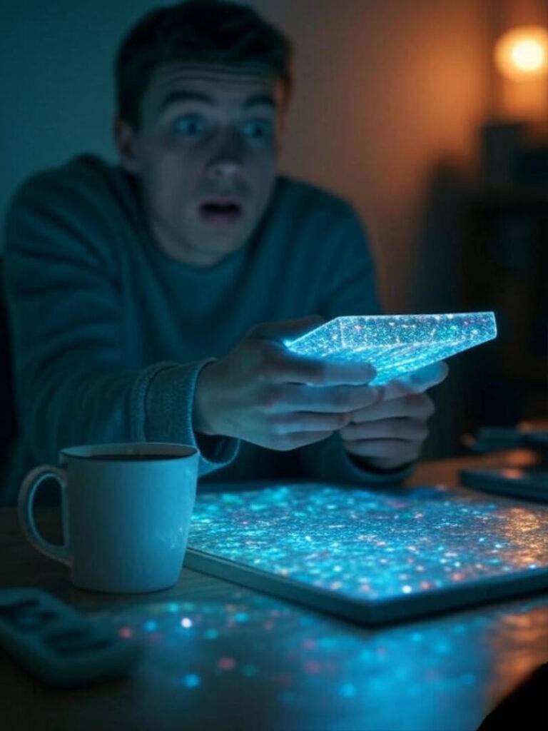 Fumbling with projector, teetering mug, teal glow