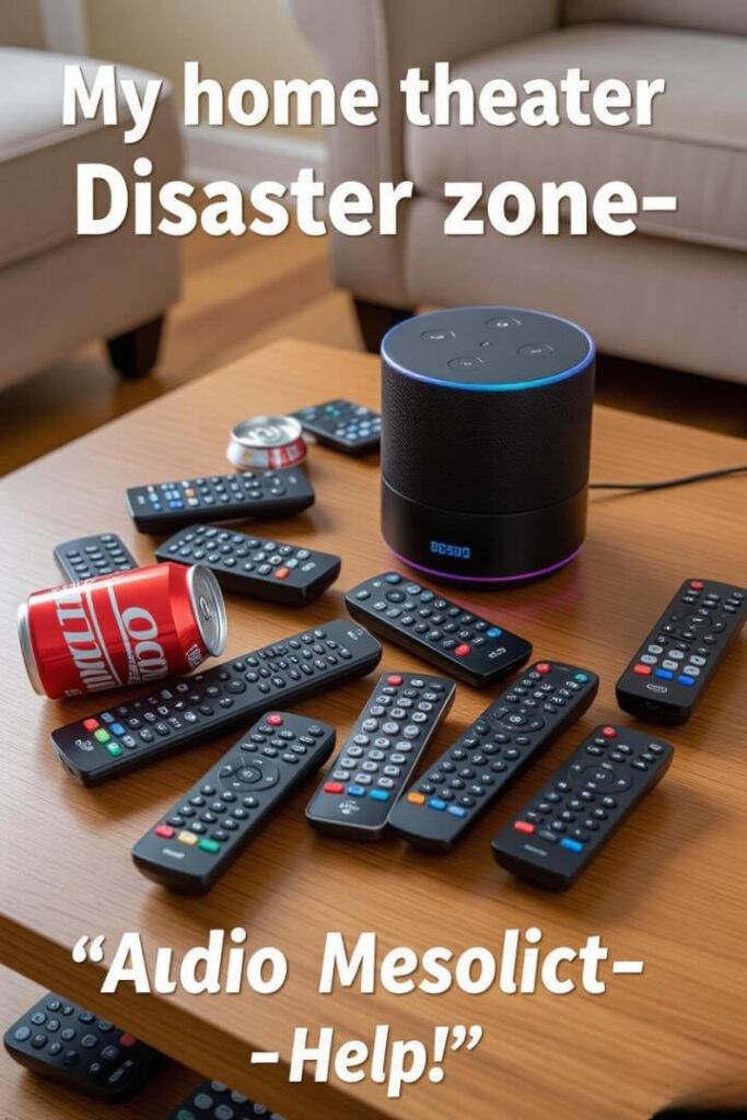 Messy coffee table, remotes, soda, blinking smart speaker