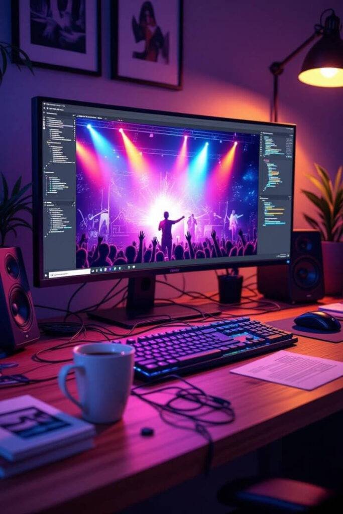 Cluttered desk, 8K concert, spilled coffee chaos