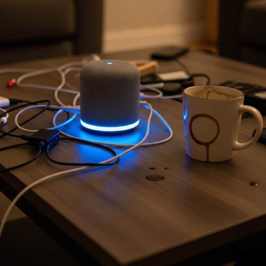 Cluttered coffee table with smart speaker, stained mug