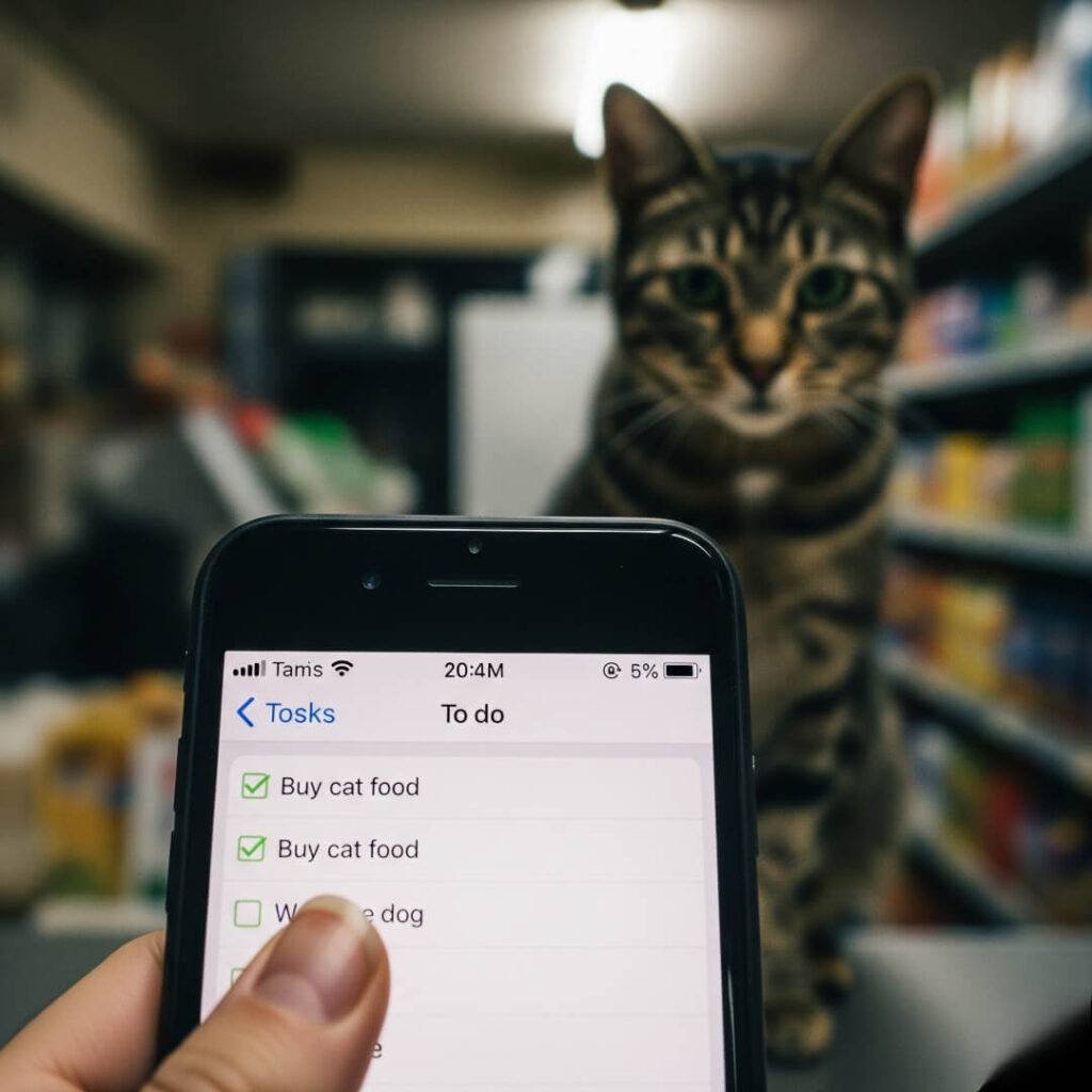 A to-do app on an iPhone with a cat