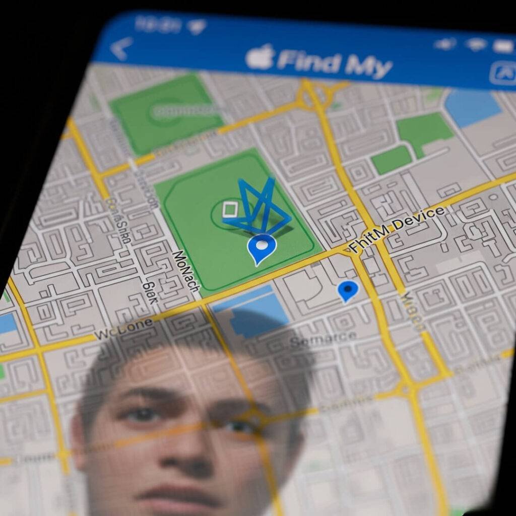 Wobbly phone screen showing Find My map