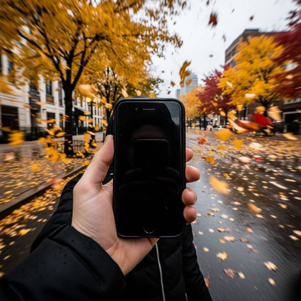 Man holding dead iPhone on windy Chicago street