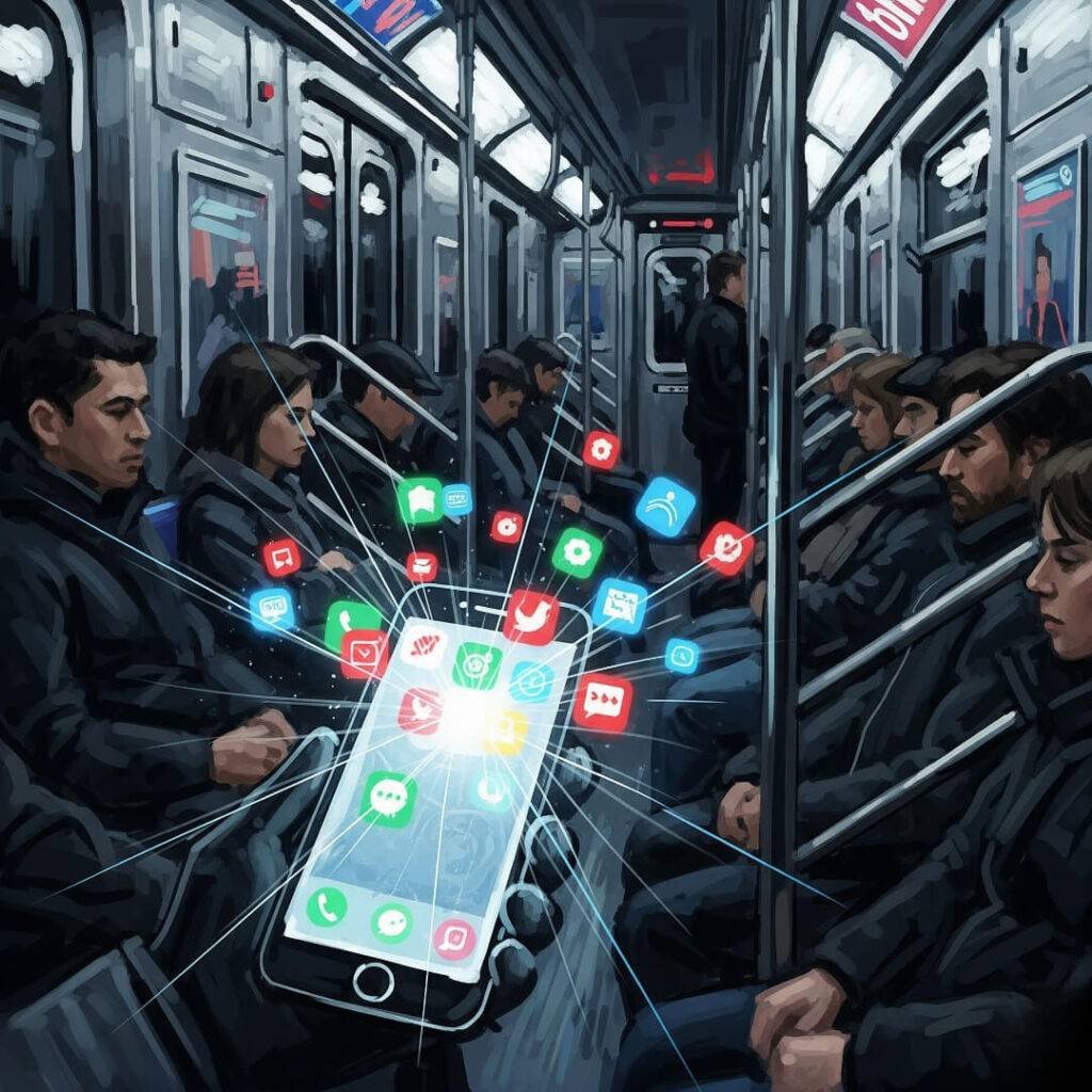 Man with phone in subway, notifications floating