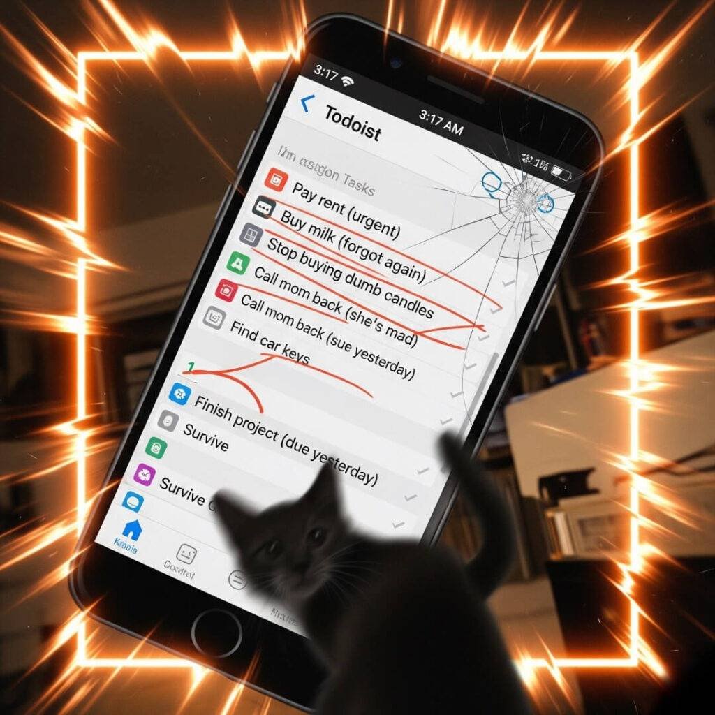 Blurry Todoist phone screenshot with cat and neon orange border