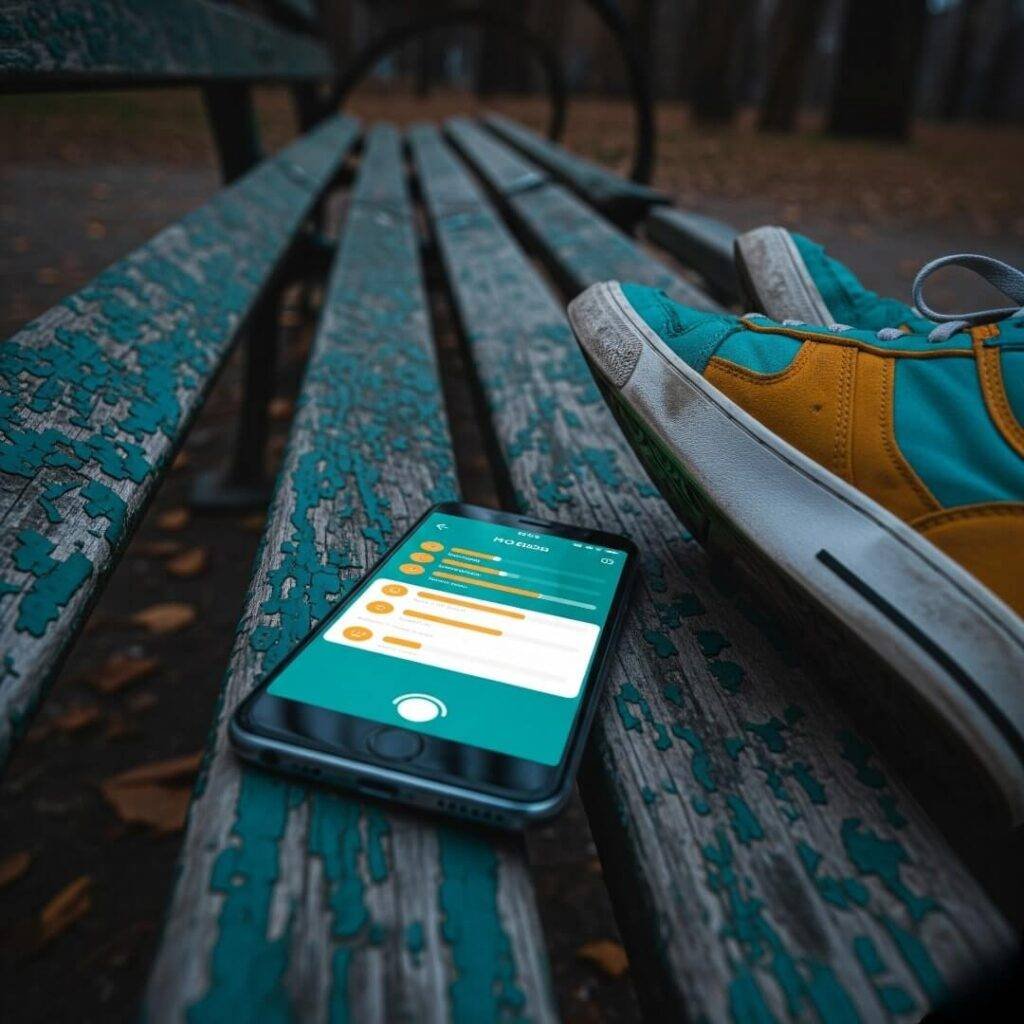 Phone on park bench with mood tracker, scuffed sneakers
