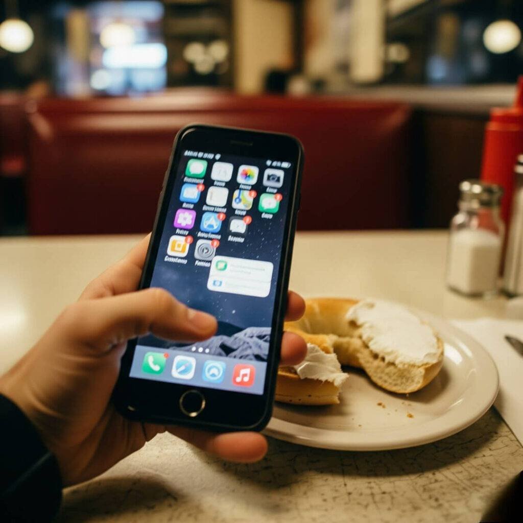 Phone in hand at a diner with a bagel