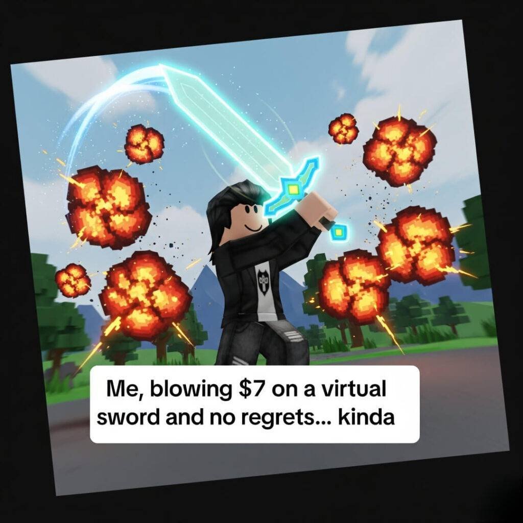 Roblox avatar with glowing sword and explosions