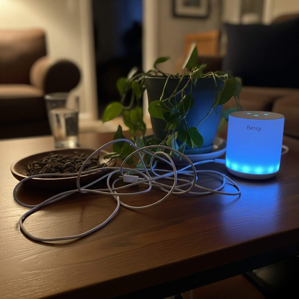 Messy coffee table with smart speaker.