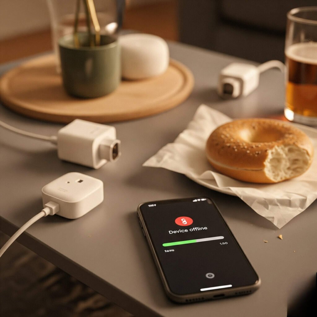 Blurry coffee table with smart plugs, bagel