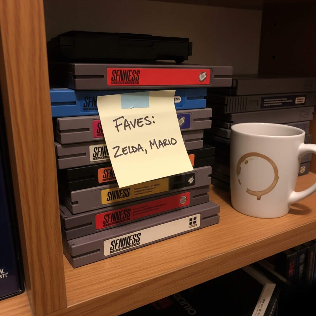 Messy SNES cartridge collection with sticky
