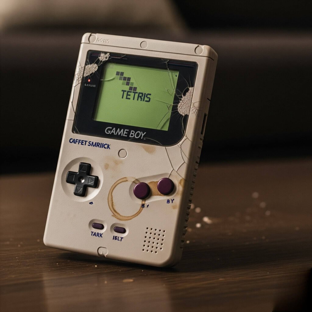 Cracked Game Boy with Tetris & Coffee Stains