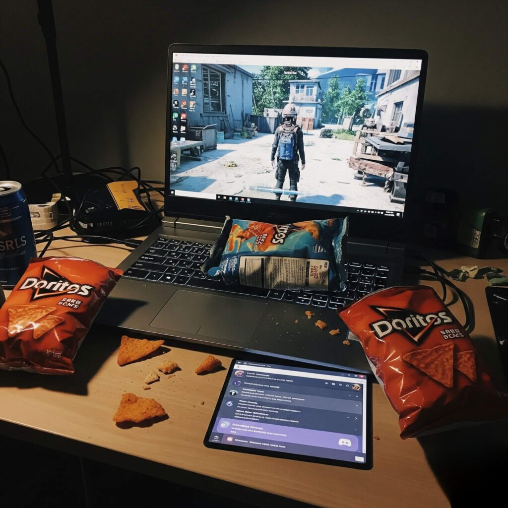 Gaming laptop with snack wrappers, paused game