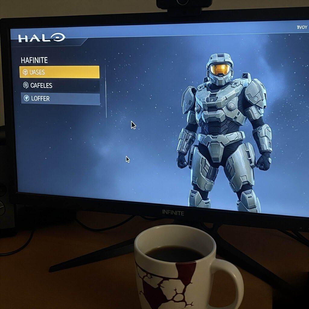 Halo Infinite menu on monitor with mouse