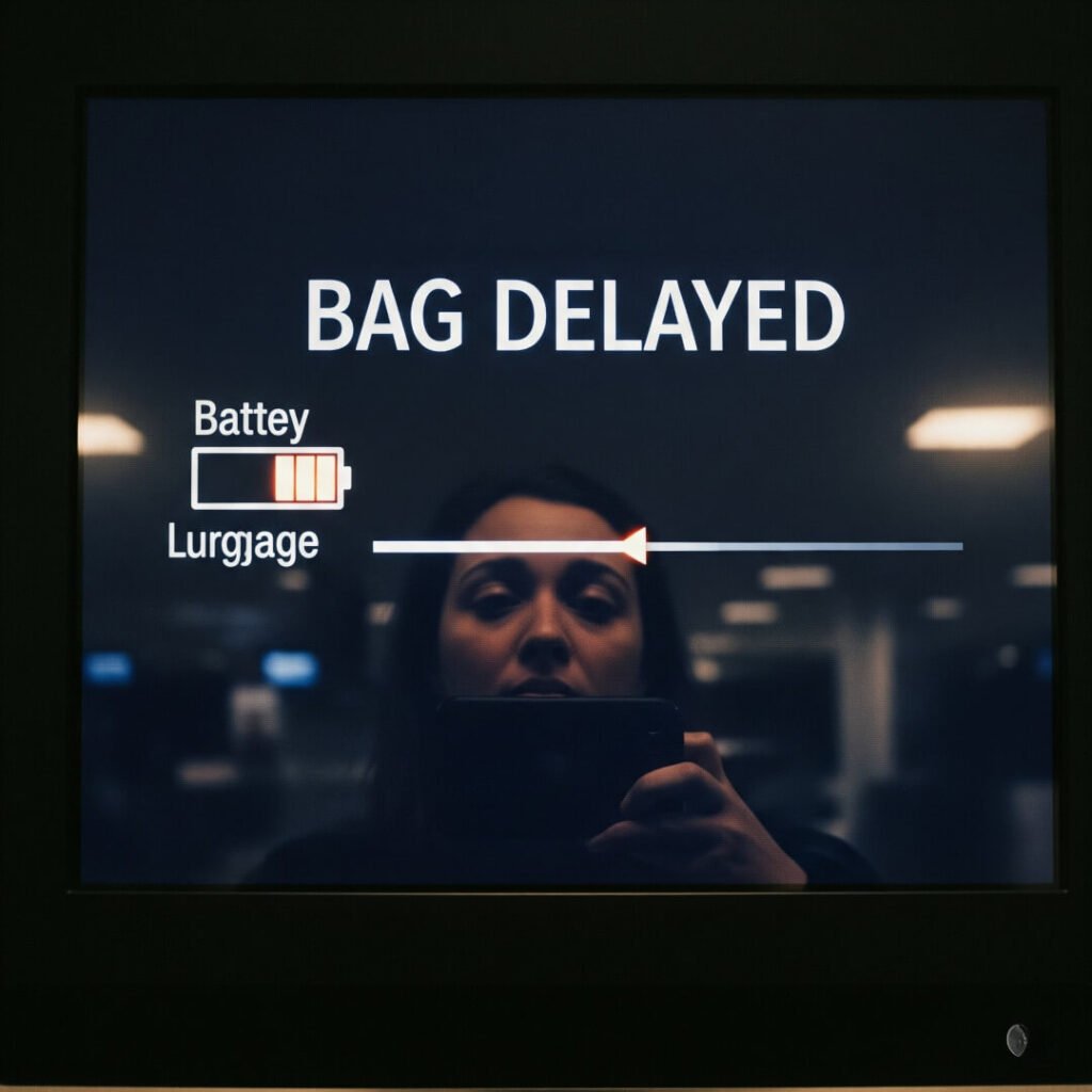 Airport monitor shows 'BAG DELAYED' reflected in a sad face, tracker blinking low.