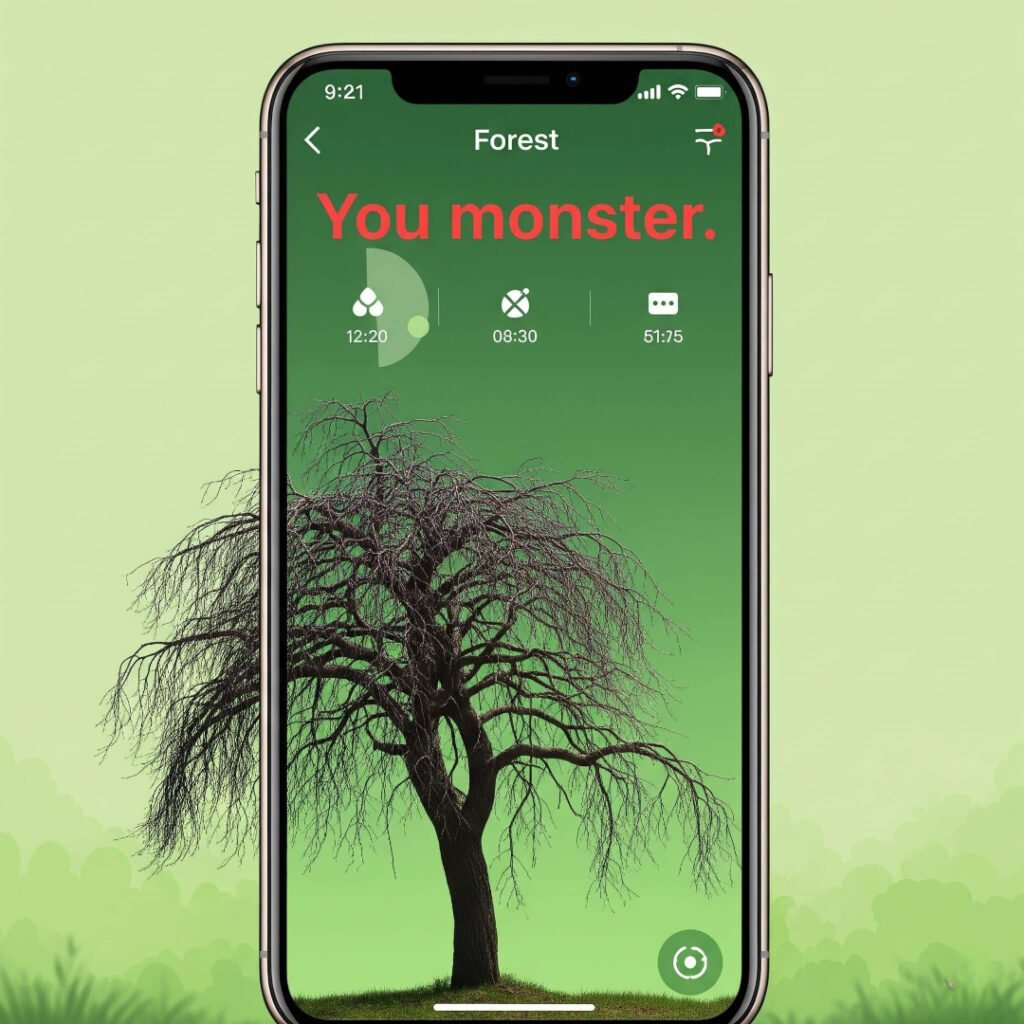 Forest app screenshot showing a wilted tree,