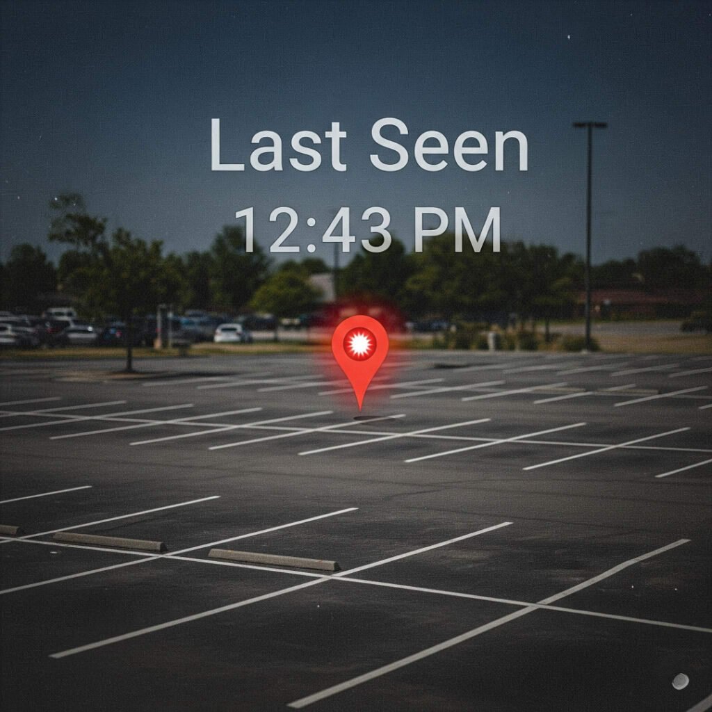 Map screenshot: Pulsing red pin on parking lot, "Last Seen 12:43 PM" label.